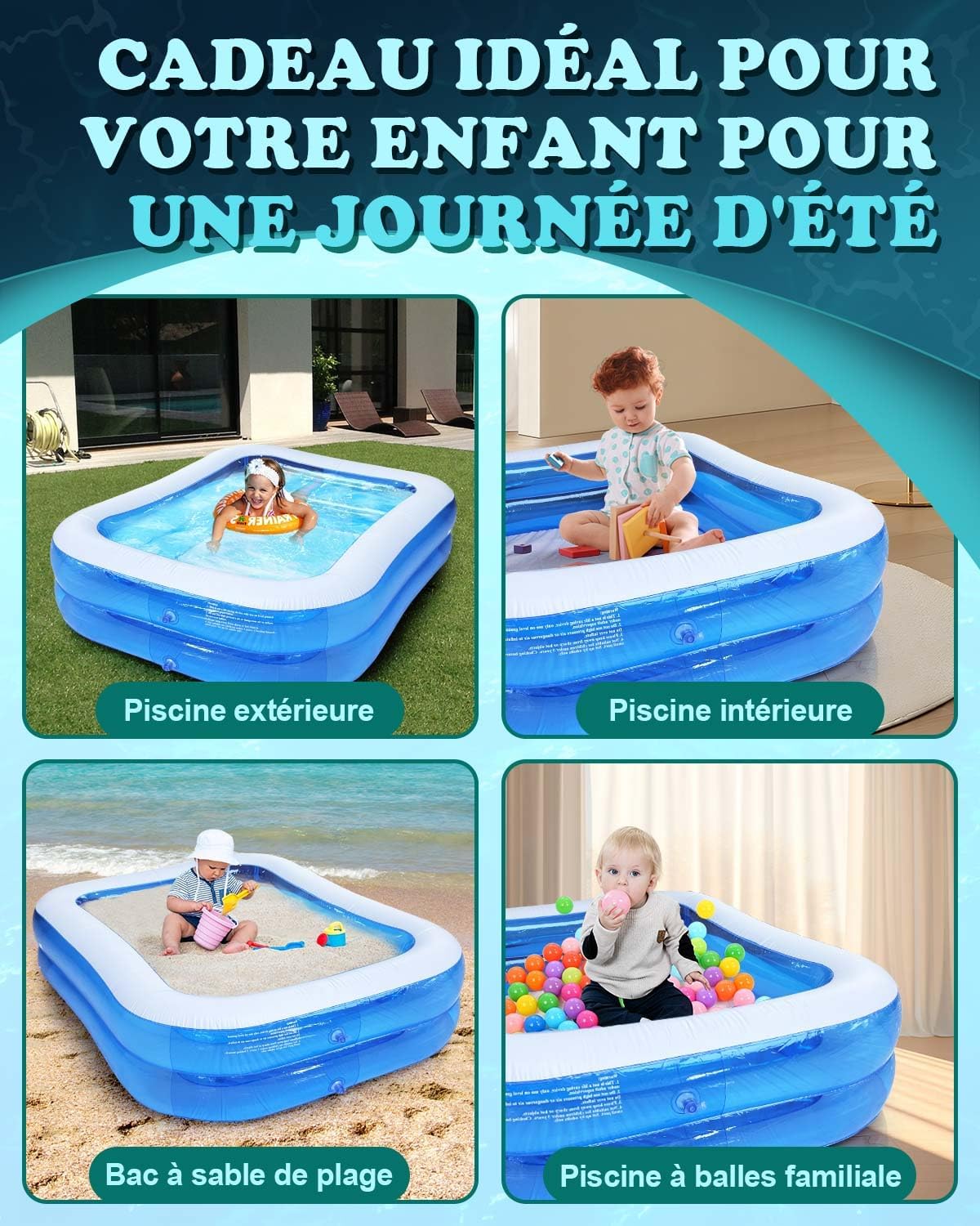 Piscine gonflable rectangulaire - 200x150x50cm - PVC épais double couche, usage enfant/adulte