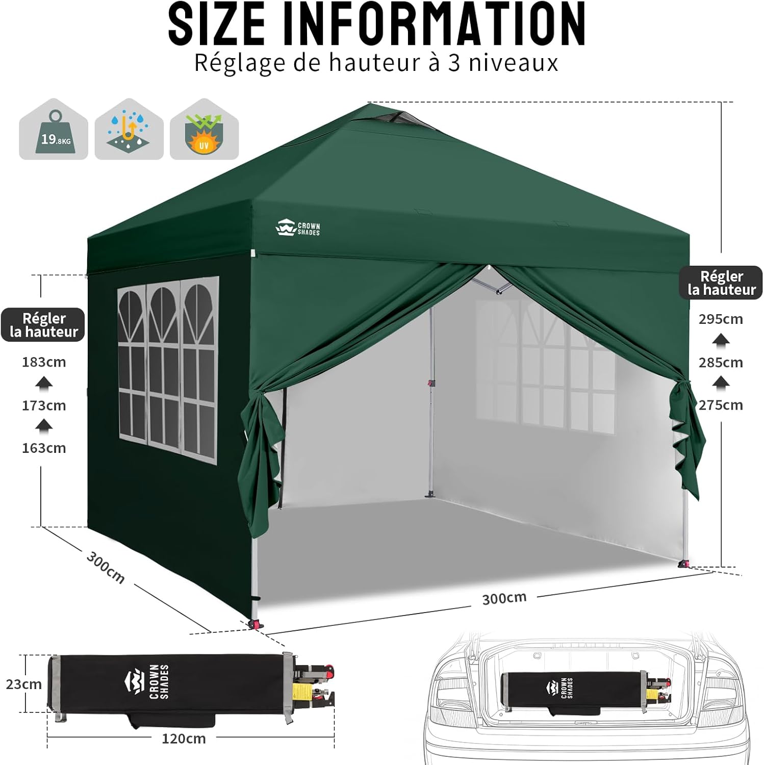 jardinite Tonnelle Pliante 3x3 Imperméable, Barnum Pliant de Jardin Exterieur, Pop-Up Gazebo avec Sac de Rangement, UPF 50+, avec 4 Parois Latérales Amovible, 4 Sac de Sable, Vert Forêt