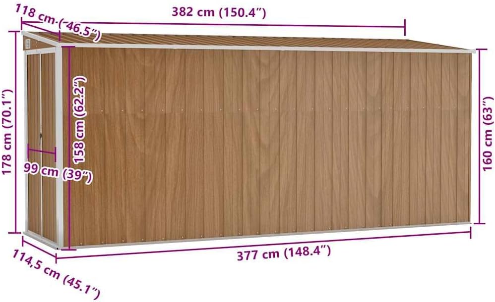 Abri de jardin mural en acier galvanisé, brun, 118x382x178 cm, robuste, 47.9KG
