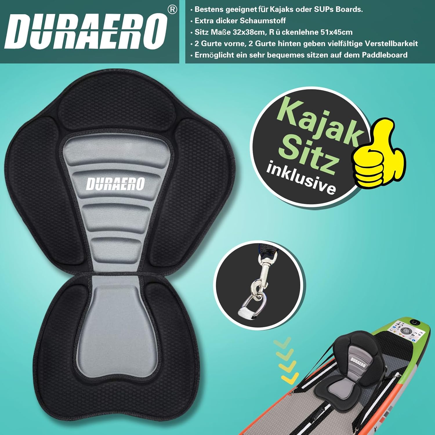 Siège de Kayak Gonflable Stand Up Paddle et Support de caméra, pagaie 2 en 1 330x76x15cm, Pompe jusqu'à 150kg avec Sangle de Pied, Sac à Dos