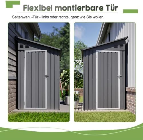 Abri de jardin en métal de 10,2 x 20,3 cm avec toit incliné, porte verrouillable et 2 ouvertures d'aération – Abri à outils peu encombrant pour arrière-cour et terrasse, rangement des outils, gris