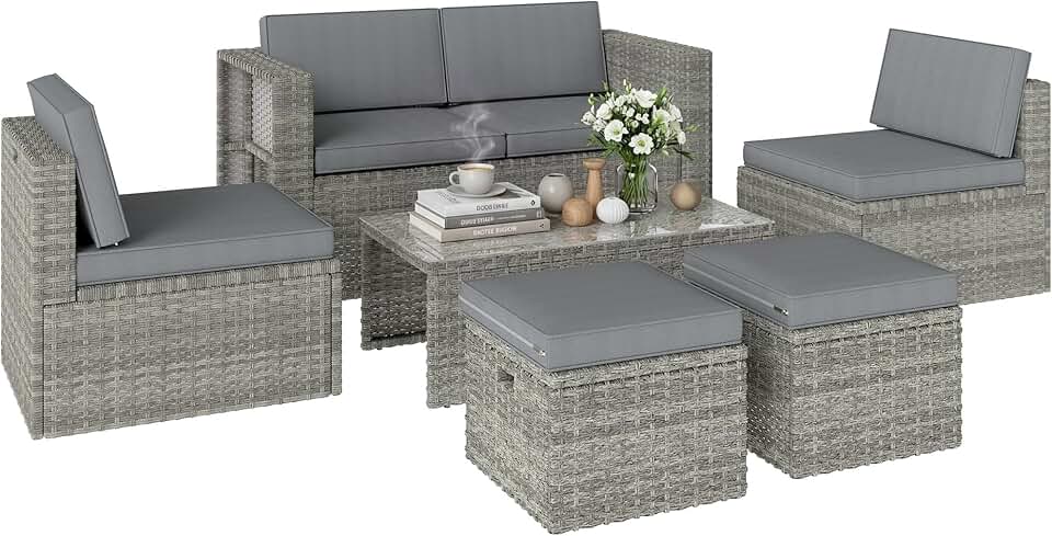 jardinite - salon de jardin 6 pièces - canapé, fauteuils, table, gain de place, résine tressée, gris