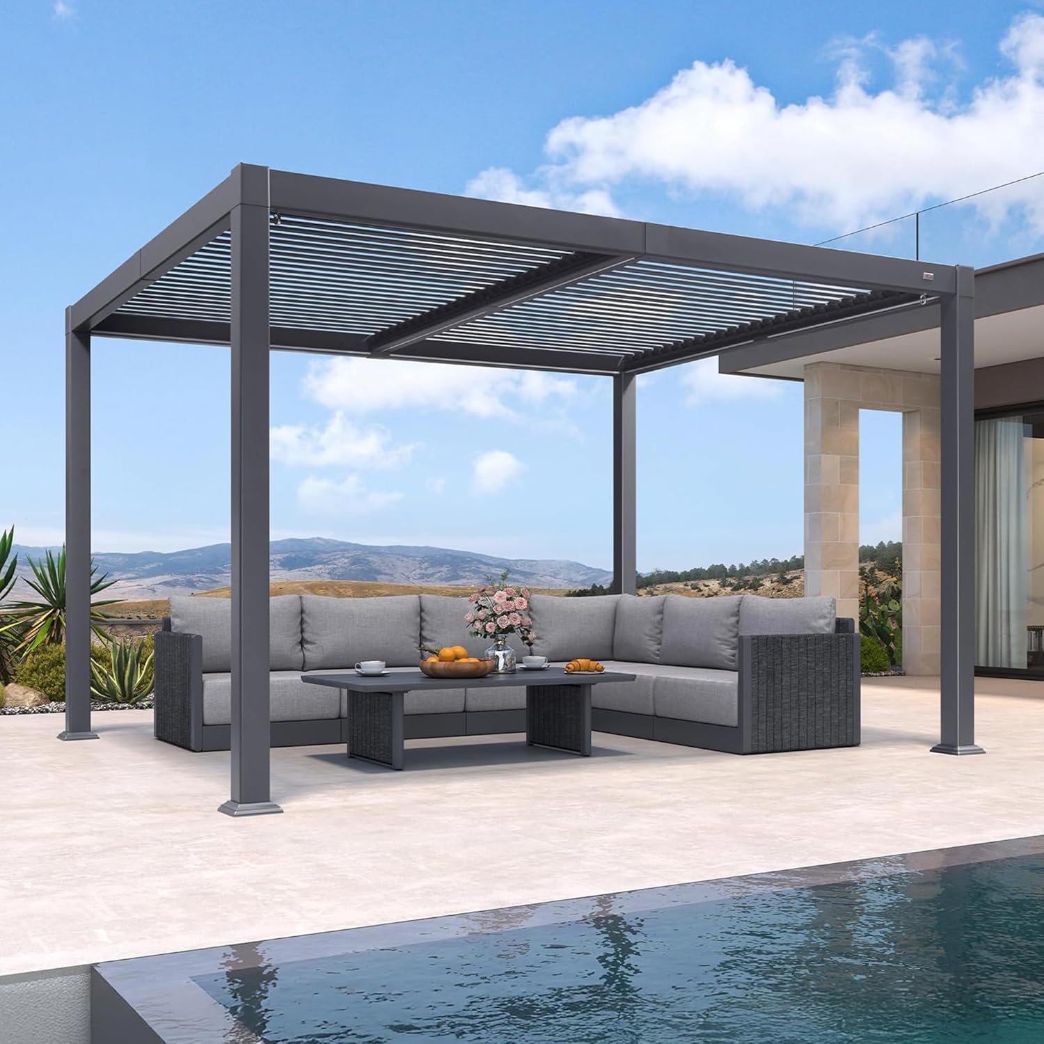 jardinite - Pergola bioclimatique - 3 x 3,65 m - aluminium, lames orientables, LED, imperméable