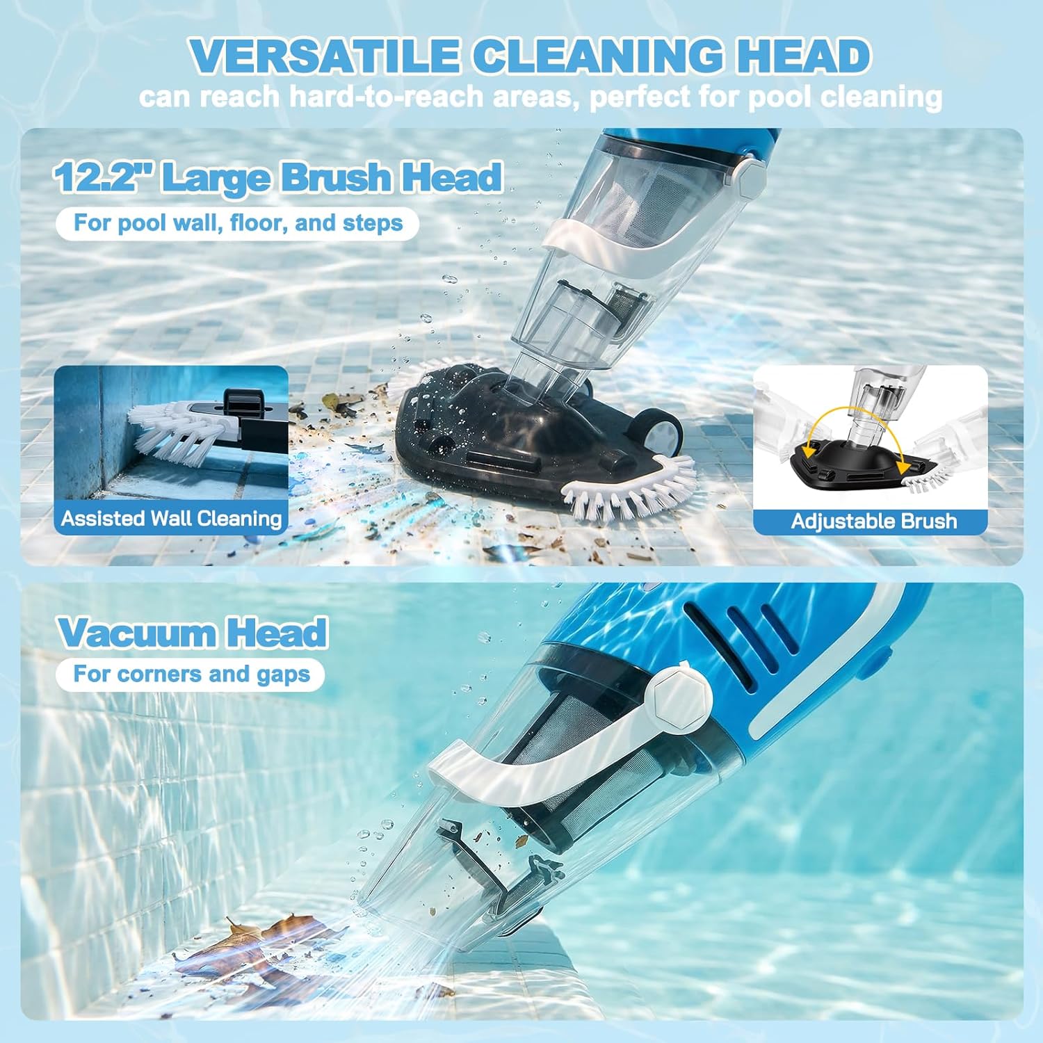 Aspirateur Piscine, Aspirateur Spa Rechargeable avec Aspiration Puissante 40 L/Min, Manche Télescopique de 131 à 199 cm, Capteur Automatique, 2 Têtes de Brosse pour Spas, Jacuzzis et Piscines