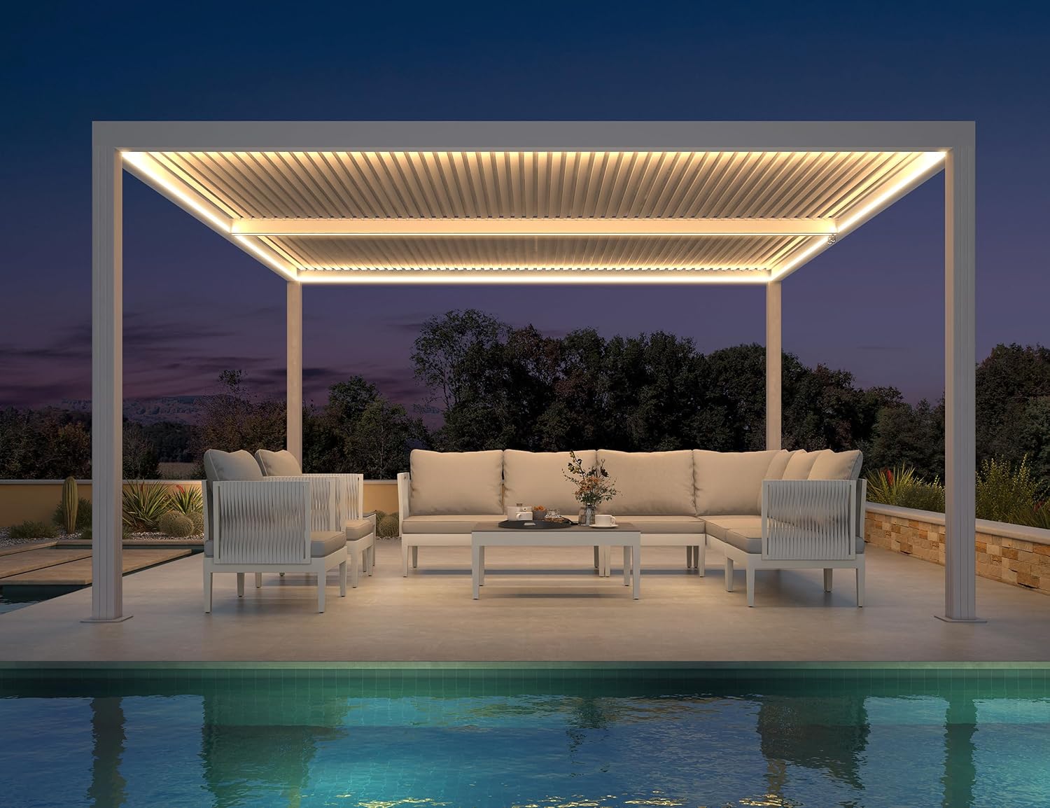 jardinite - Pergola bioclimatique 4,24x3m - alu, LED, gouttières, blanc