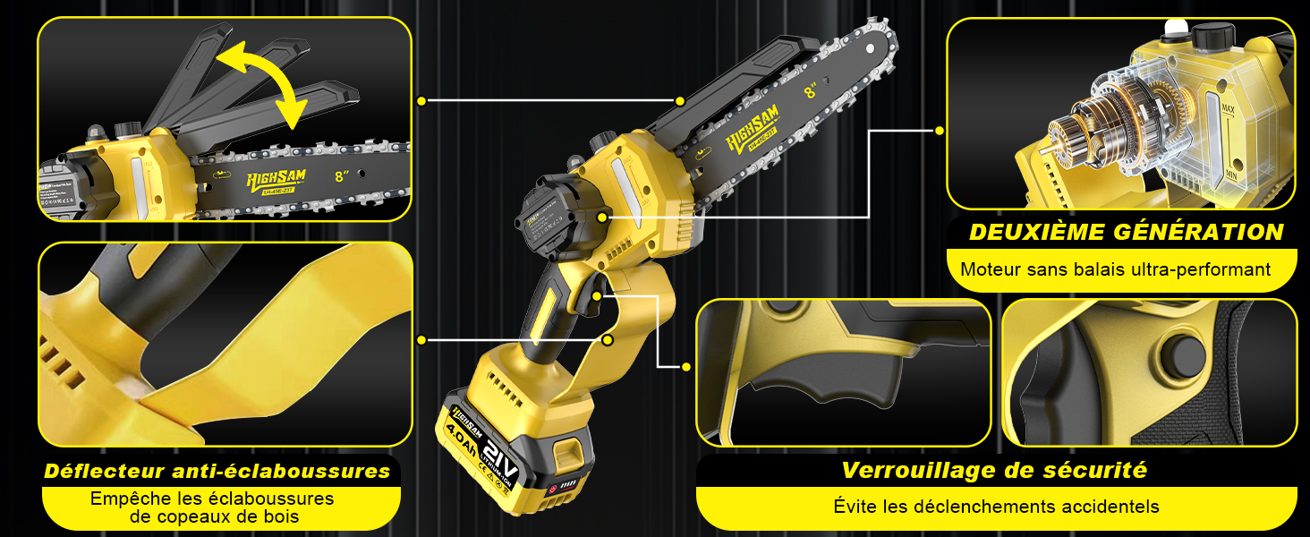 Schéma technique de l'outil électrique jaune avec plusieurs vues détaillées et des instructions de spécification. Fond foncé avec des éléments de design jaunes.