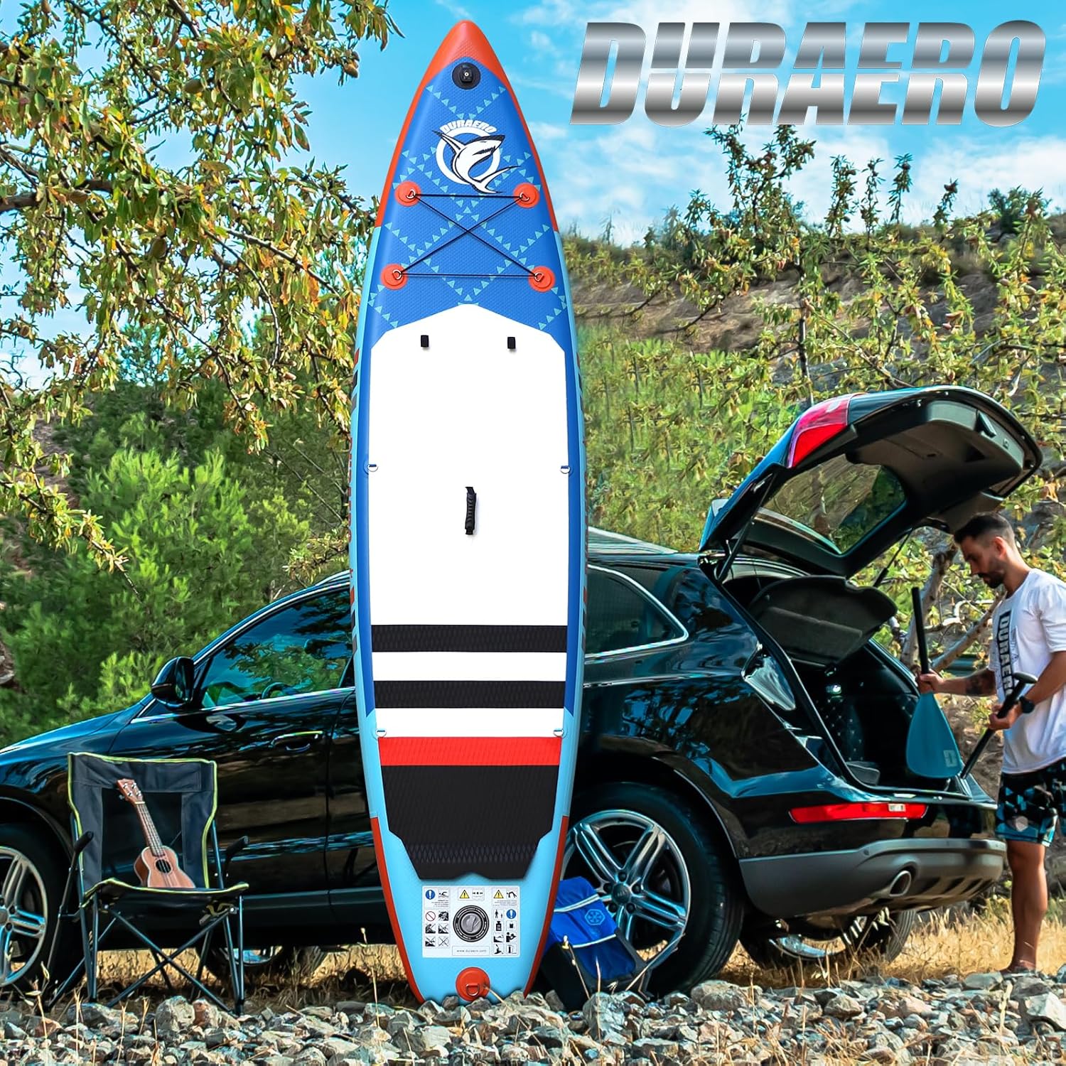 Siège de Kayak Gonflable Stand Up Paddle et Support de caméra, pagaie 2 en 1 330x76x15cm, Pompe jusqu'à 150kg avec Sangle de Pied, Sac à Dos