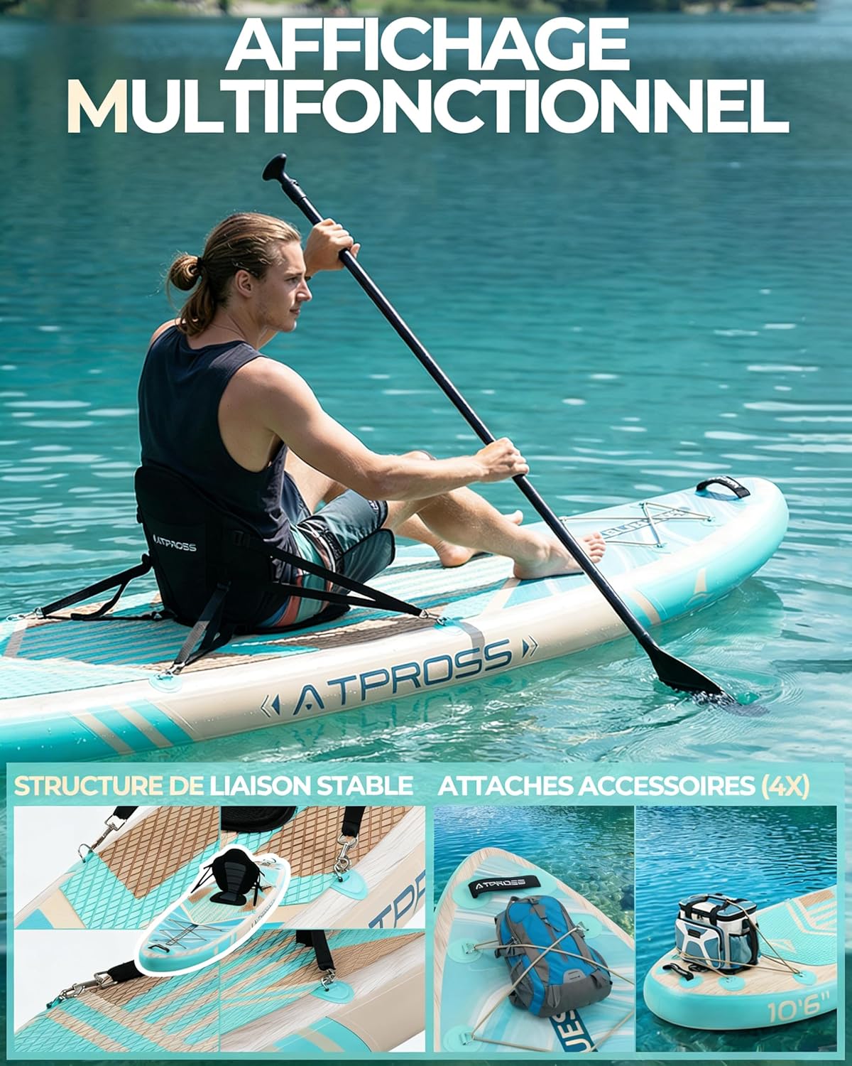 Stand Up Paddle Gonflable Adulte avec Siège Kayak & Accessoires, 320x84cm Planche de Sup Extra Large pour 2 Personnes, Charge 200kg, Kayak Gonflable 2 Places Stable et Antidérapant pour Surf