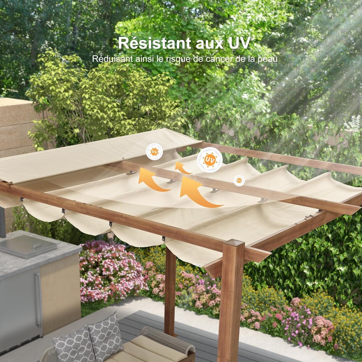 jardinite - pergola aluminium - 3x3m - teck, toile rétractable, kaki