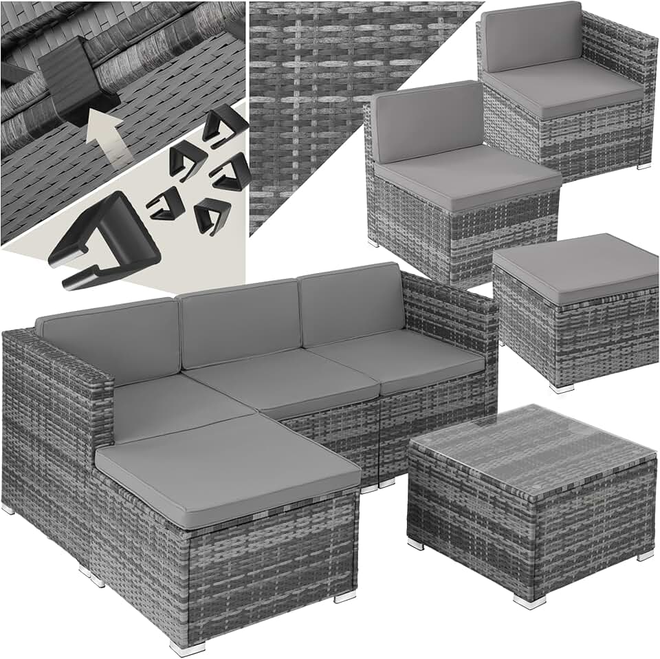 jardinite - Salon de jardin modulable 4 places, poly rotin, table et poufs
