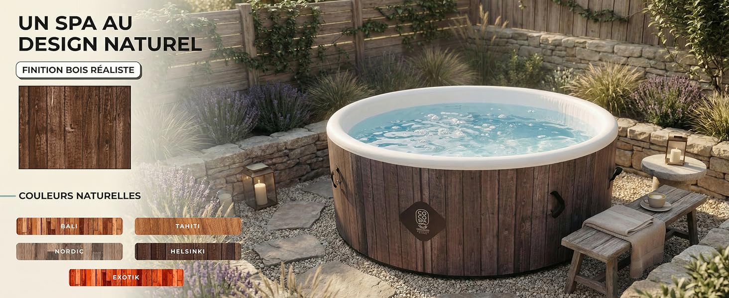 Le texte indique « UN SPA AU DESIGN NATUREL ». Bain à remous extérieur avec extérieur en bois et eau bouillante, situé dans un jardin naturel avec des pierres et des feuillages.