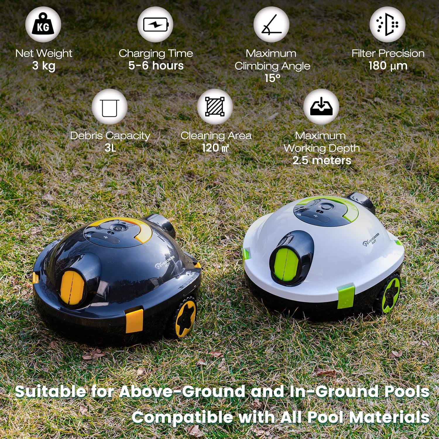 EVERCROSS - BOT série - 120㎡ - sans fil, 100min autonomie, 3L bac, IPX8