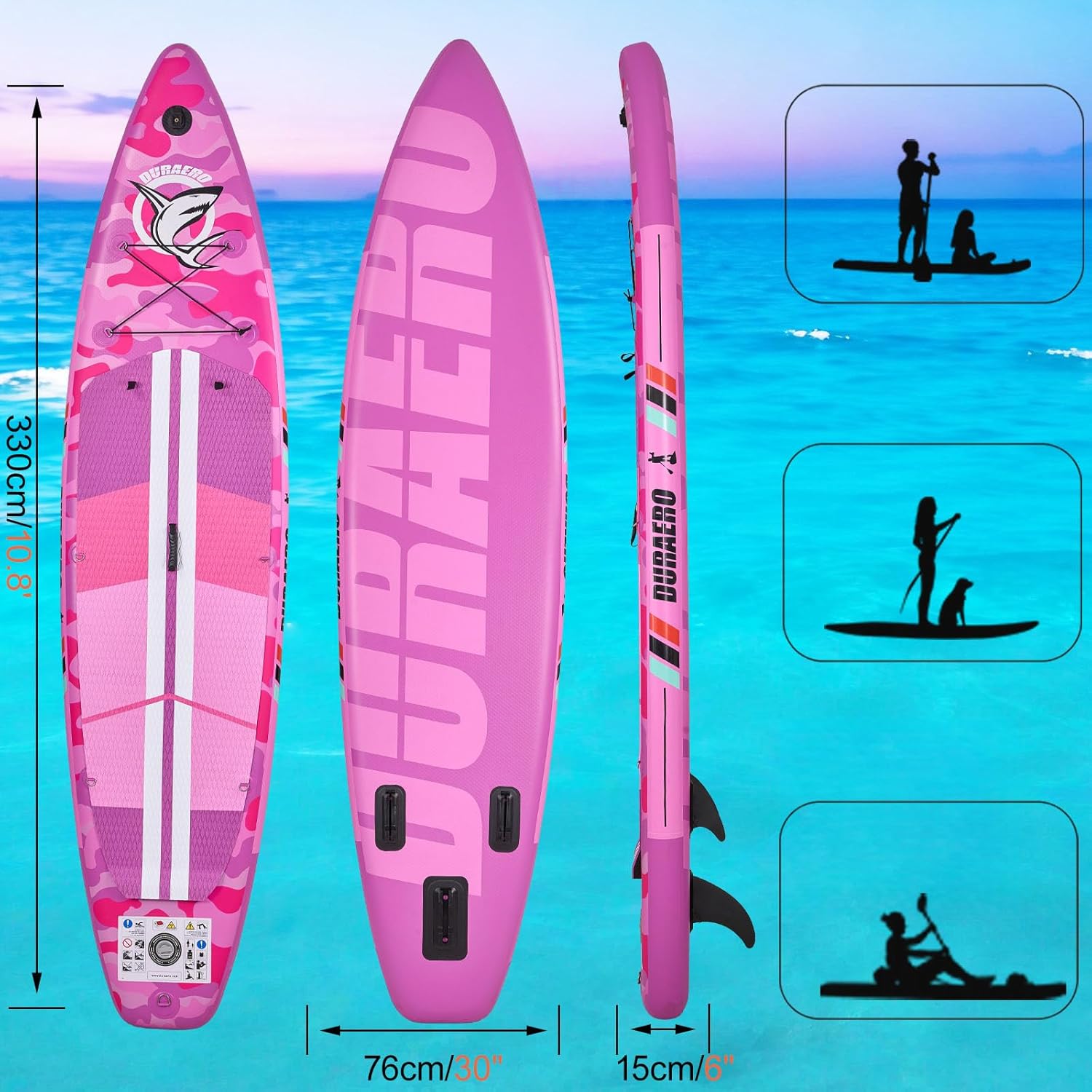 Stand up Paddle gonflable - siège kayak - 330x76x15cm, 150kg, accessoires, Pink
