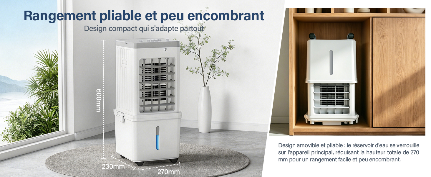 Le texte se lit comme suit : « Rangement pliable et peu encombrant » et « Design compact sur charge ». Unité de déshumidification compacte blanche avec accent bleu affichée à l'intérieur avec des plantes et des meubles visibles.
