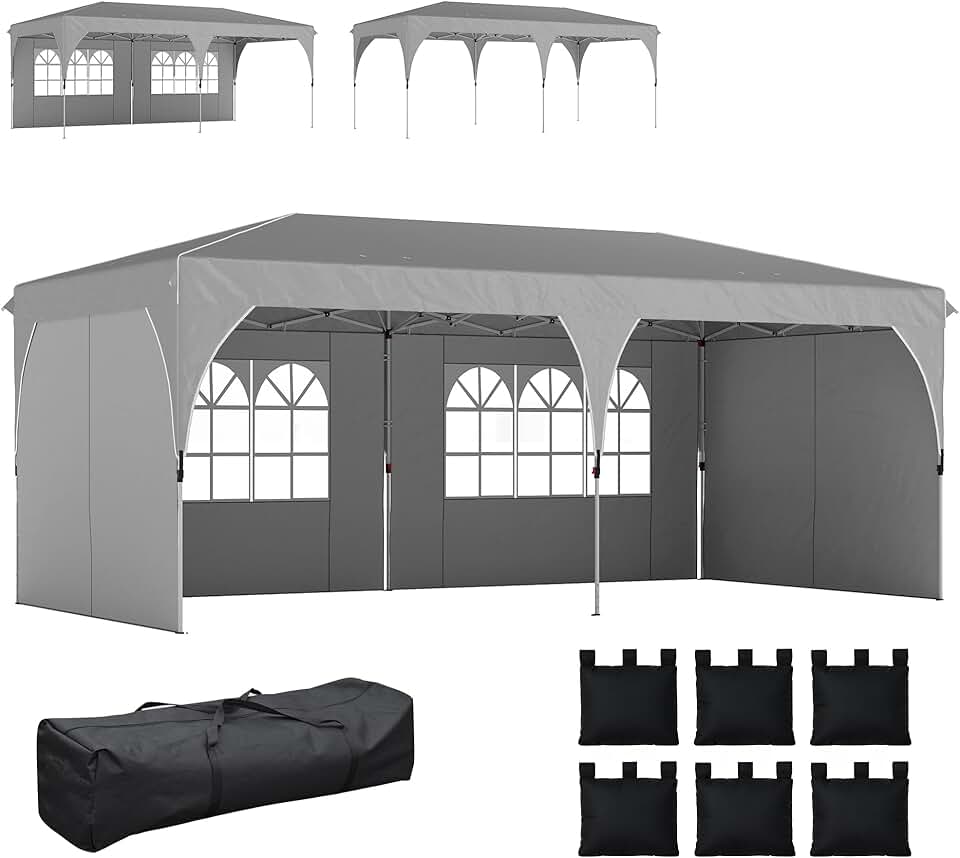 jardinite - Tonnelle Pop Up 3x6m, imperméable, réglable, UV50+, sacs, gris