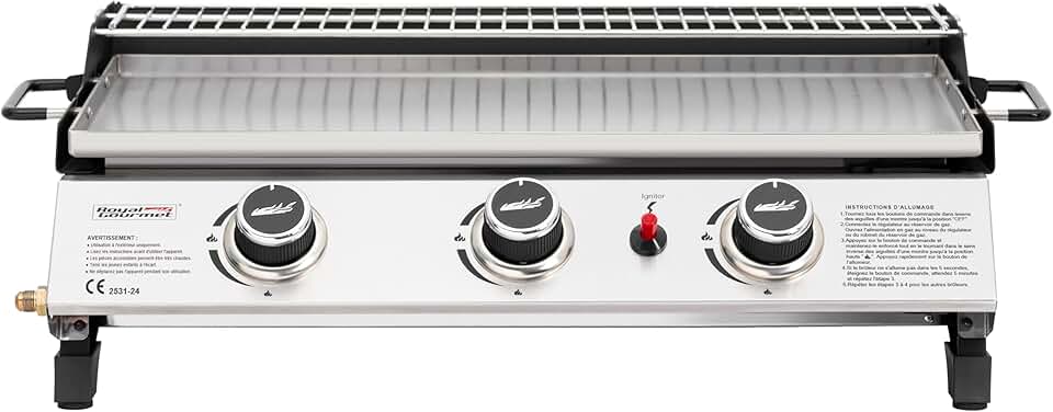 jardinite - Plancha gaz inox 3 brûleurs 61,5x32cm, 7,5kW, usage extérieur