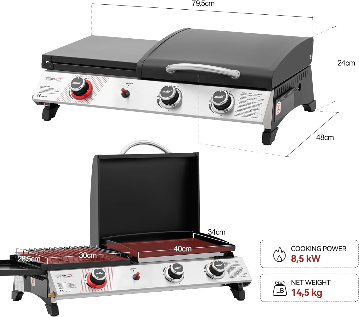 jardinite - barbecue gaz 3 brûleurs - 8,5kW - plancha, grille, couvercle multifonction