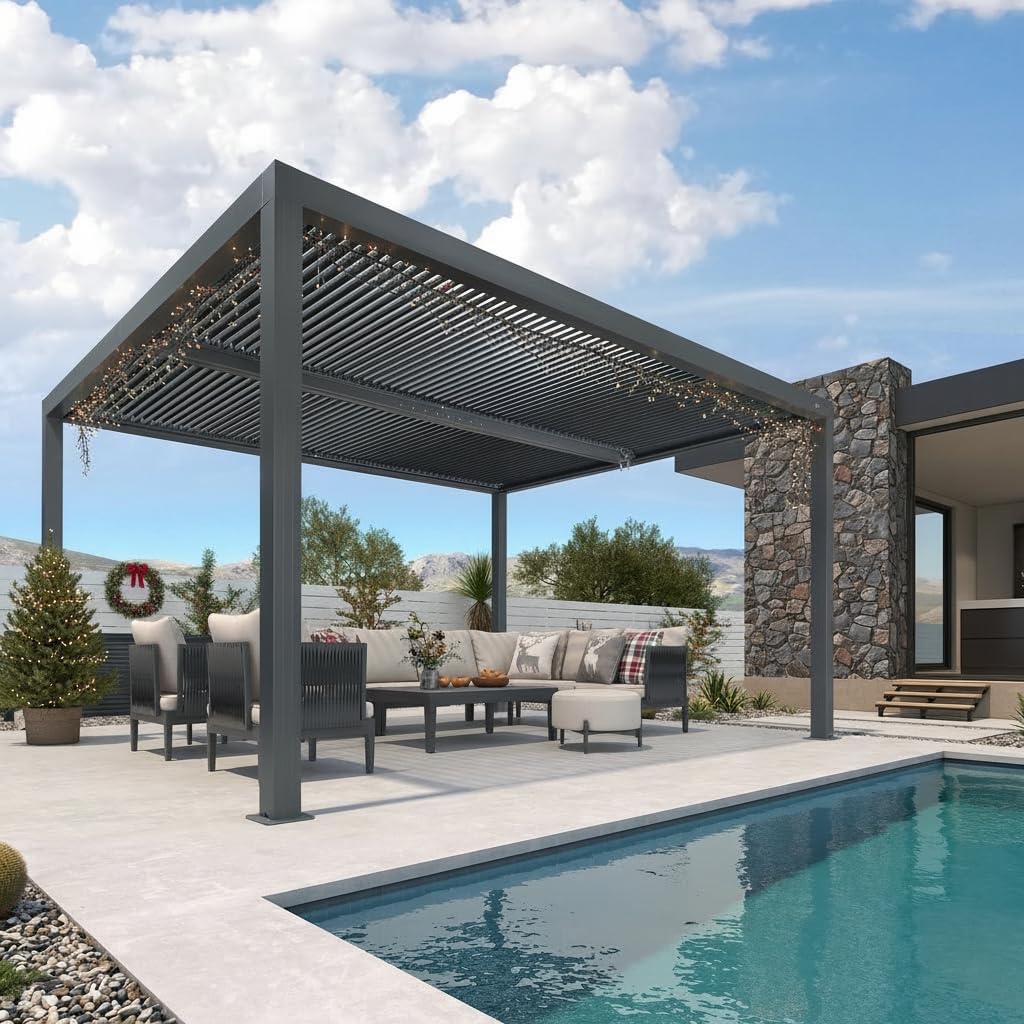 jardinite - Pergola Bioclimatique - 4,24 x 3,3 m - Aluminium, lames orientables, commande indépendante, gris
