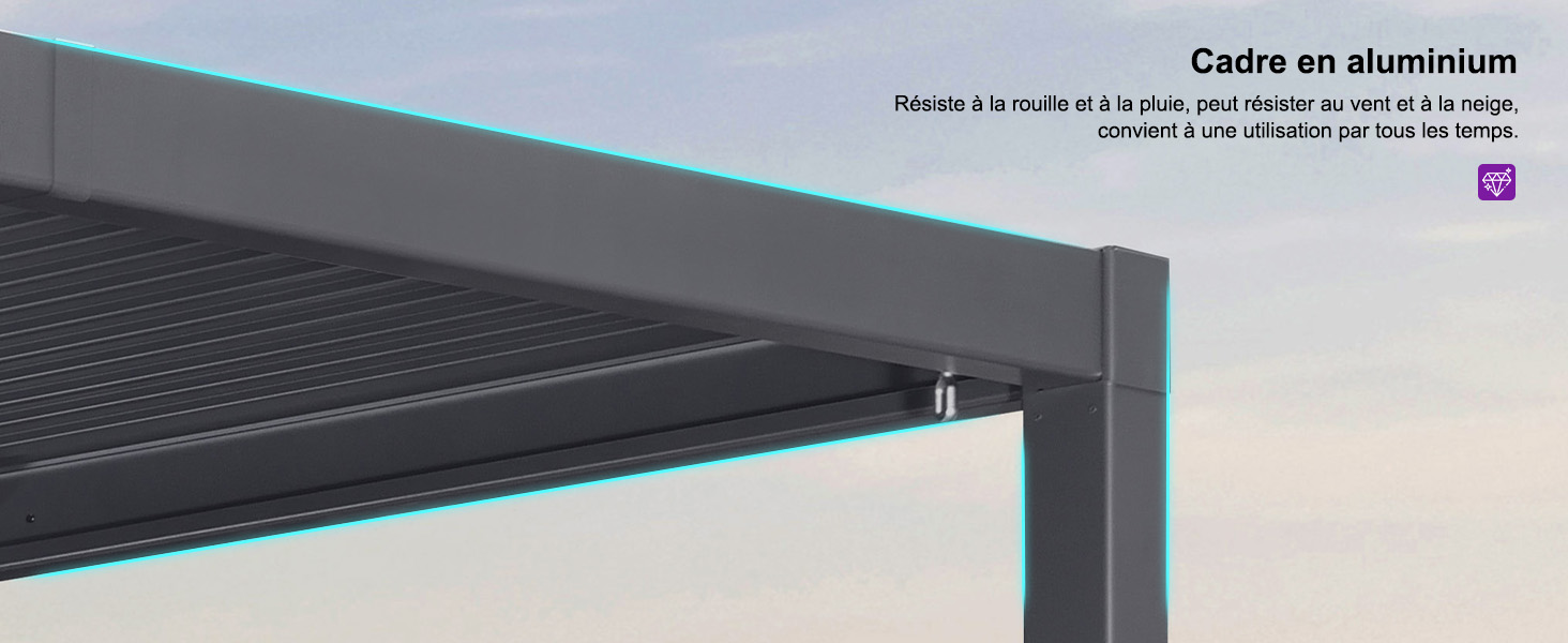 Détail rapproché d'une structure de cadre en aluminium montrant un cadre en métal gris avec des lattes ou des panneaux noirs intégrés. Le texte « Cadre en aluminium » indique une construction en aluminium