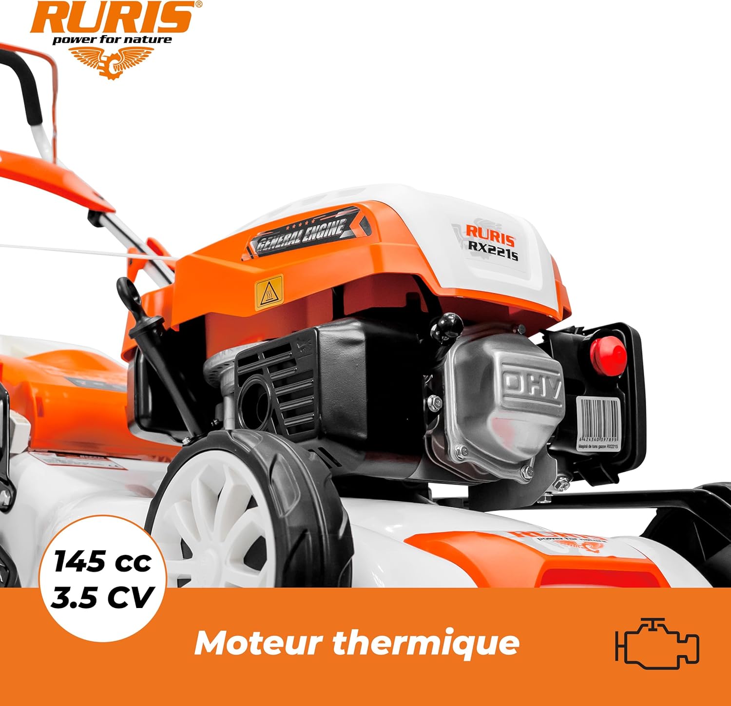 RURIS Tondeuse à Gazon Thermique RX221S, 3,5 CV, 42 cm, Sac 45L, 3 en 1: Collecte, Éjection Arrière, Mulching, Châssis Acier, Hauteur de Coupe 25-75 mm, Orange
