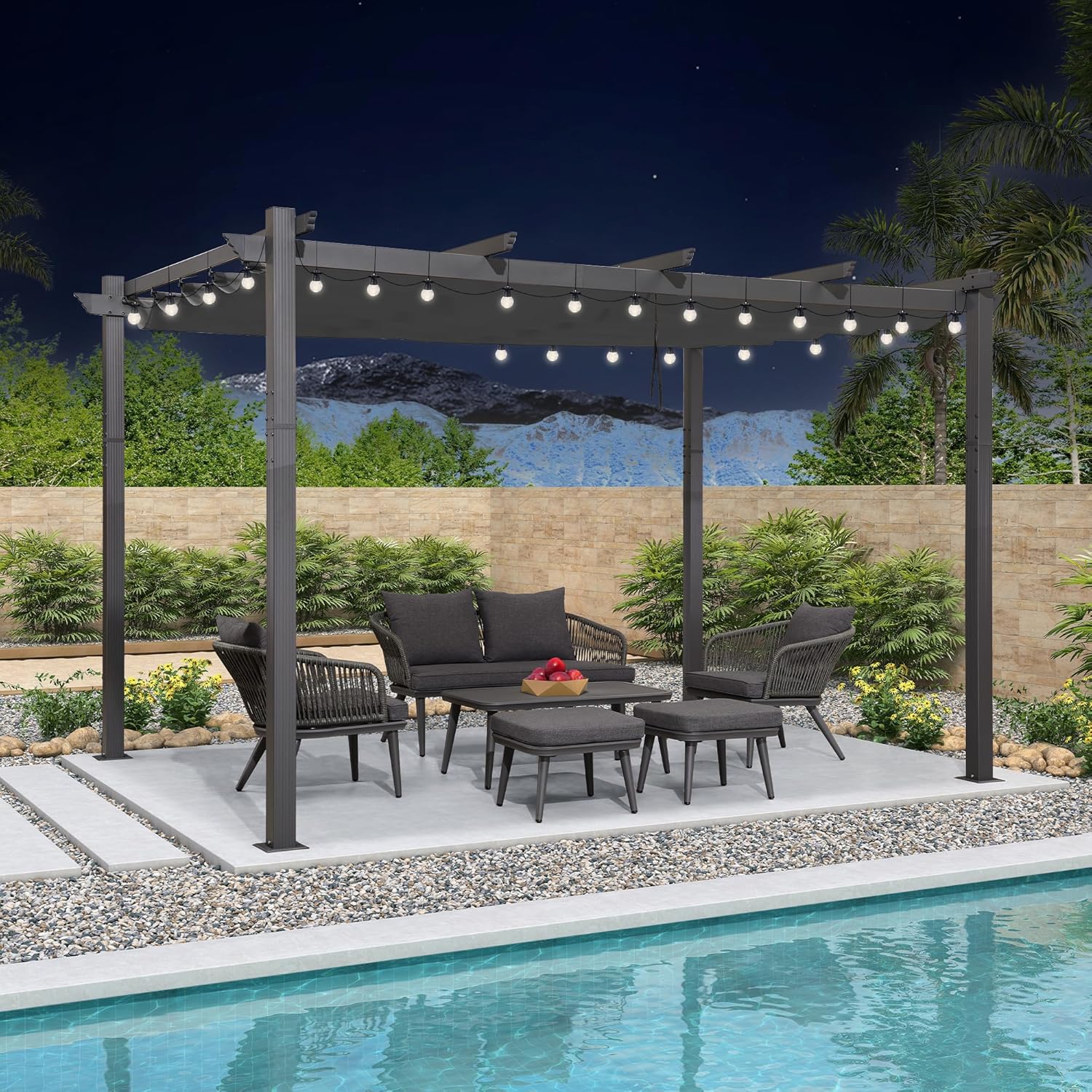 jardinite - Pergola LED série - 4x3 m - aluminium, toit rétractable, tissu teinté