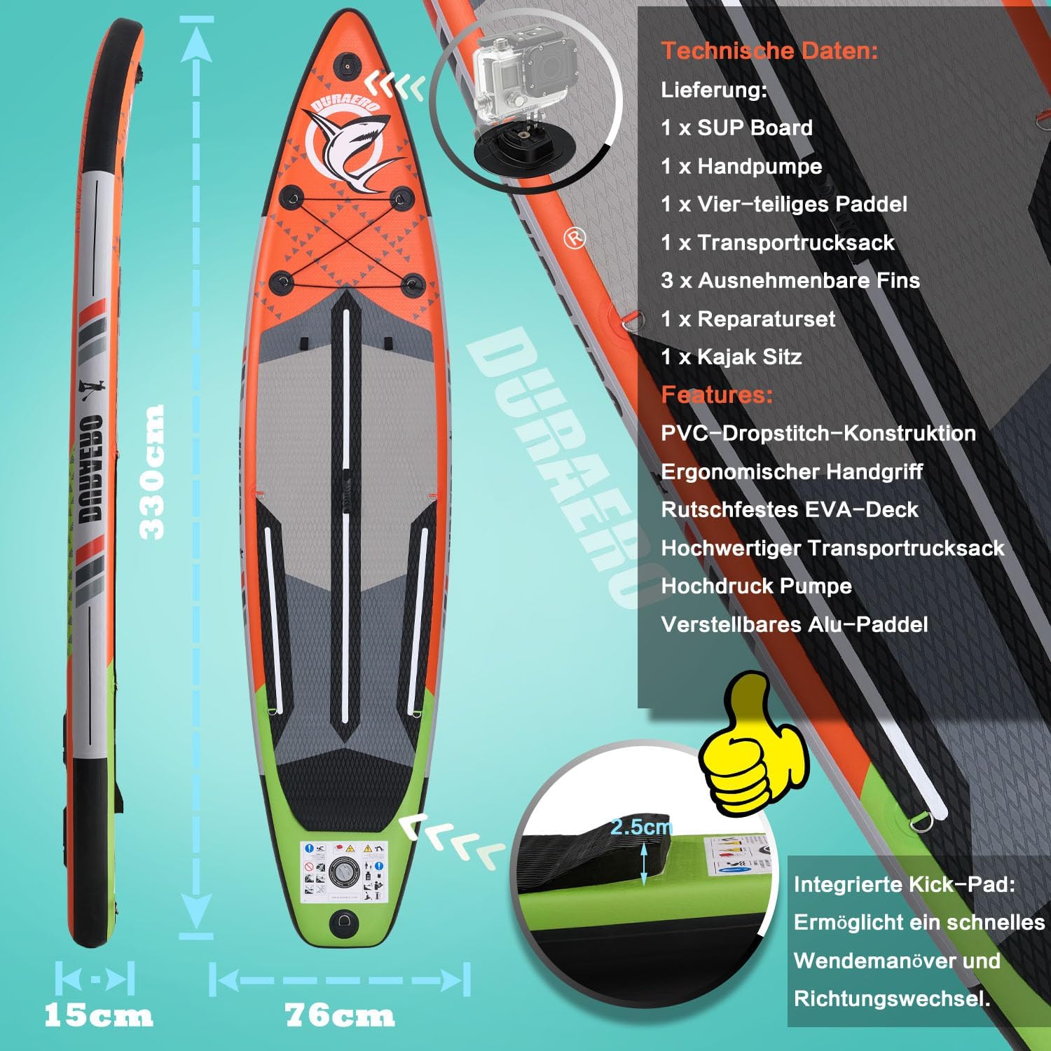 Siège de Kayak Gonflable Stand Up Paddle et Support de caméra, pagaie 2 en 1 330x76x15cm, Pompe jusqu'à 150kg avec Sangle de Pied, Sac à Dos