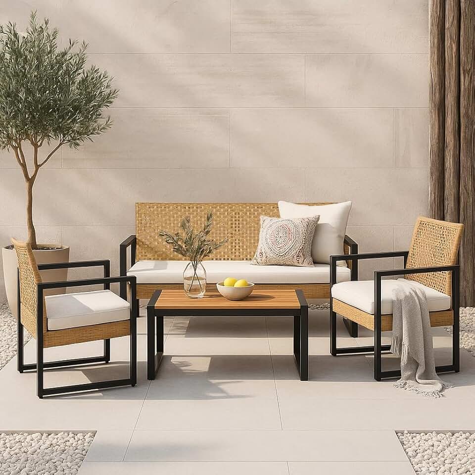 jardinite - Salon de jardin 4 pièces, acier/acacia, 2 chaises + banc, beige/naturel