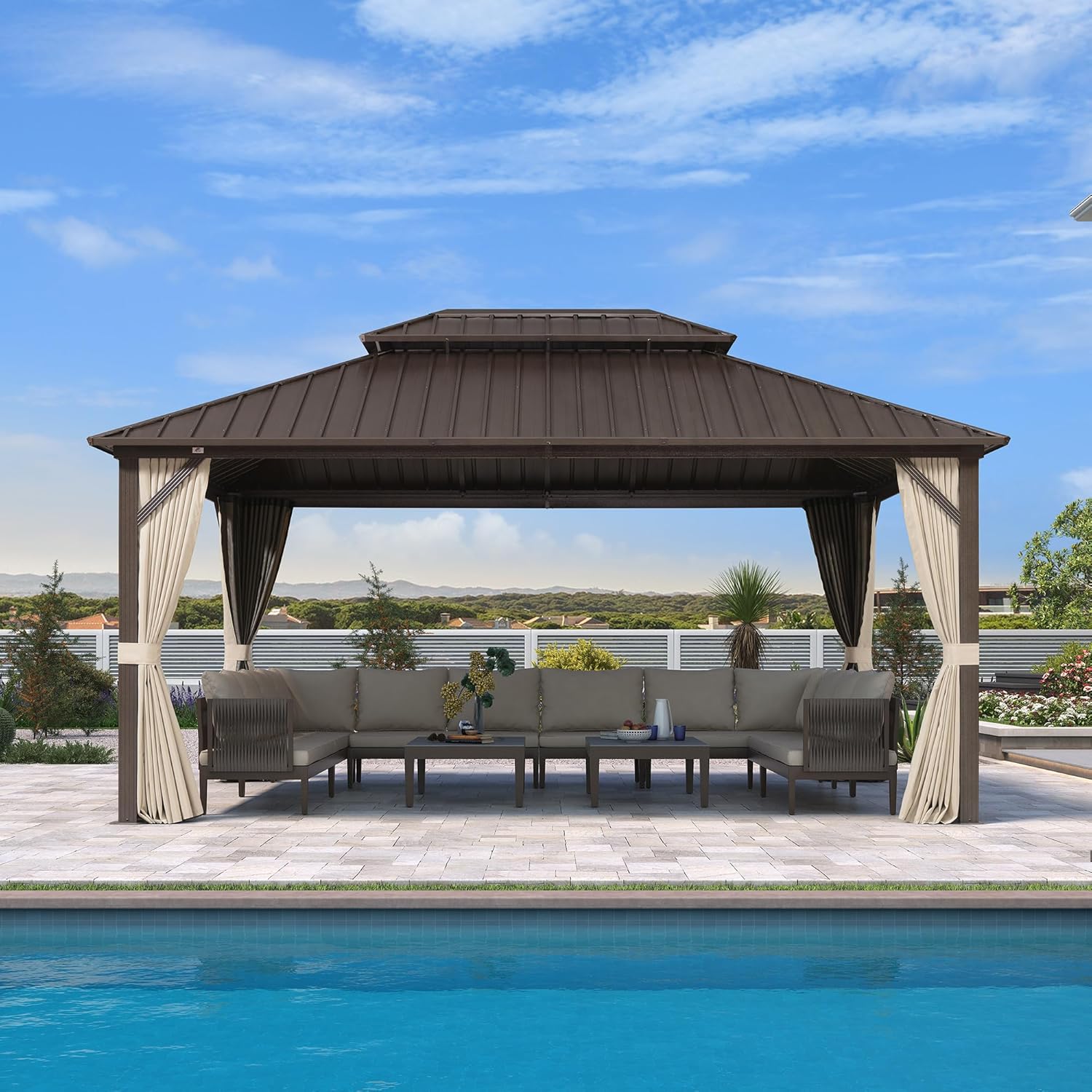 Pergolat double toit alu 4,85x3,65m, moustiquaire, bronze