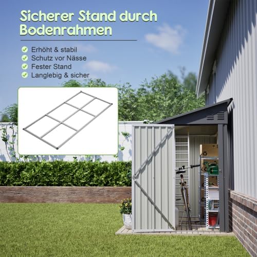 Abri de jardin en métal de 10,2 x 20,3 cm avec toit incliné, porte verrouillable et 2 ouvertures d'aération – Abri à outils peu encombrant pour arrière-cour et terrasse, rangement des outils, gris