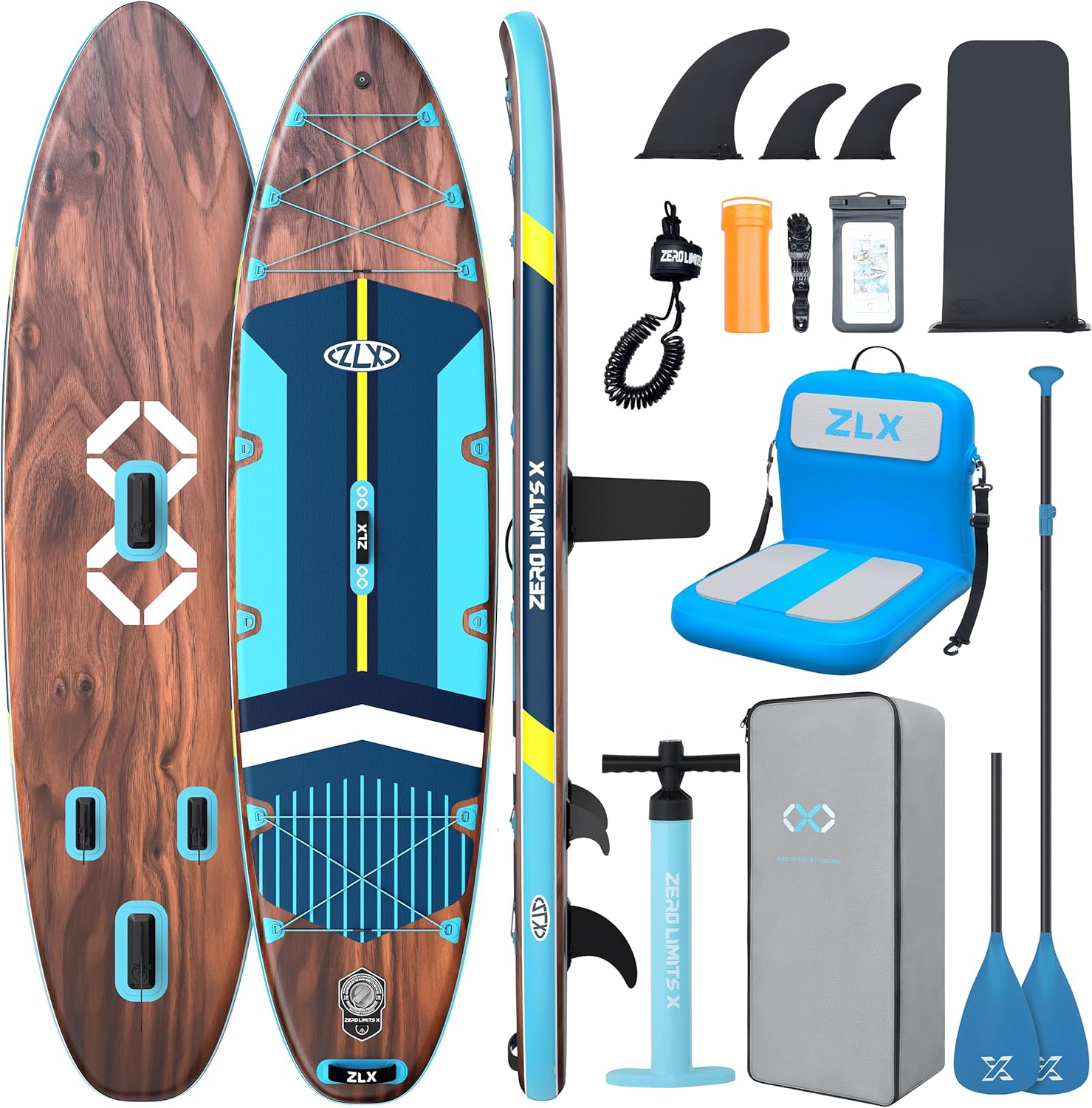ZLX Paddle Gonflable 350 x 89 cm Extra Large Sup | Planche Stable Antidérapante, Aileron Amélioré, Accessoires Premium, Sac & Pompe Haute Pression, pour Adultes Tous Niveaux avec Siège Gonflable