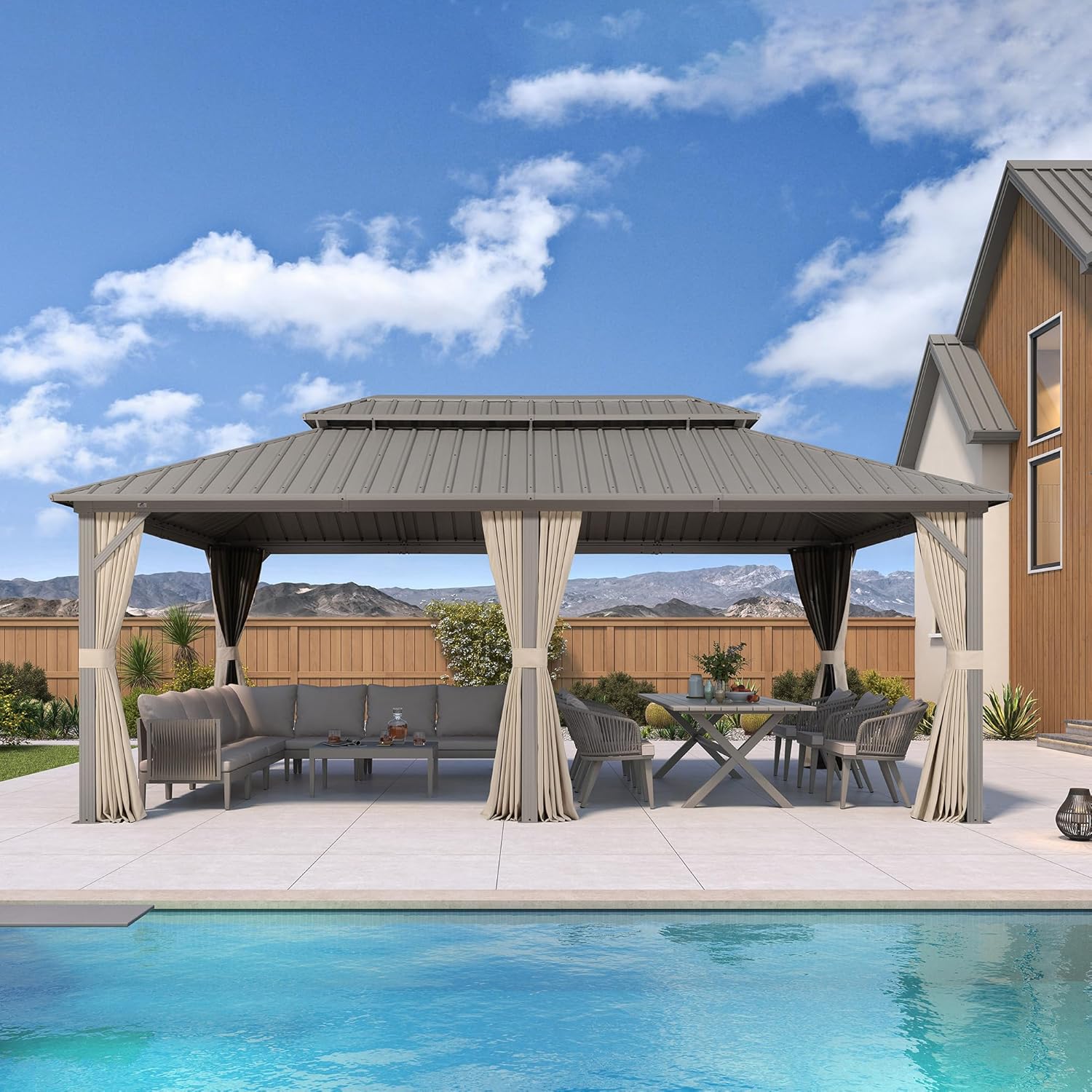 jardinite - Pergola série Champagne - 6 x 3,65 m - aluminium, toit acier, moustiquaire et rideaux