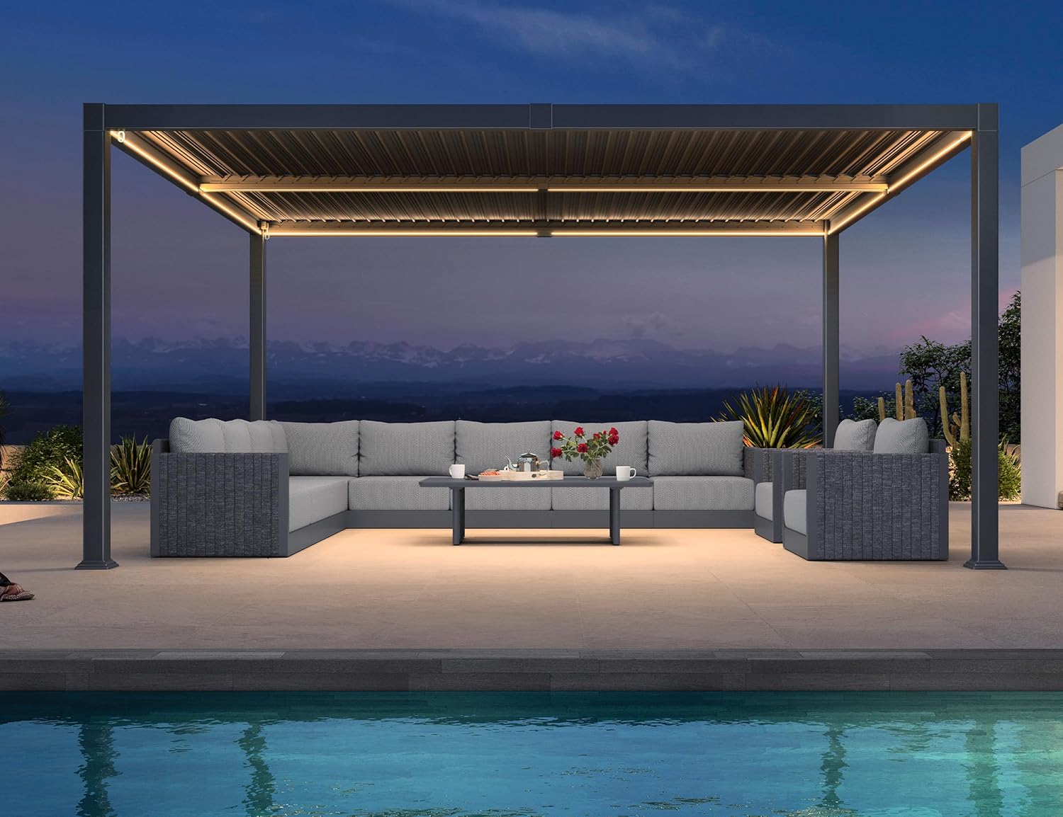 jardinite - Pergola bioclimatique alu 4x4.6m, lames LED, durable