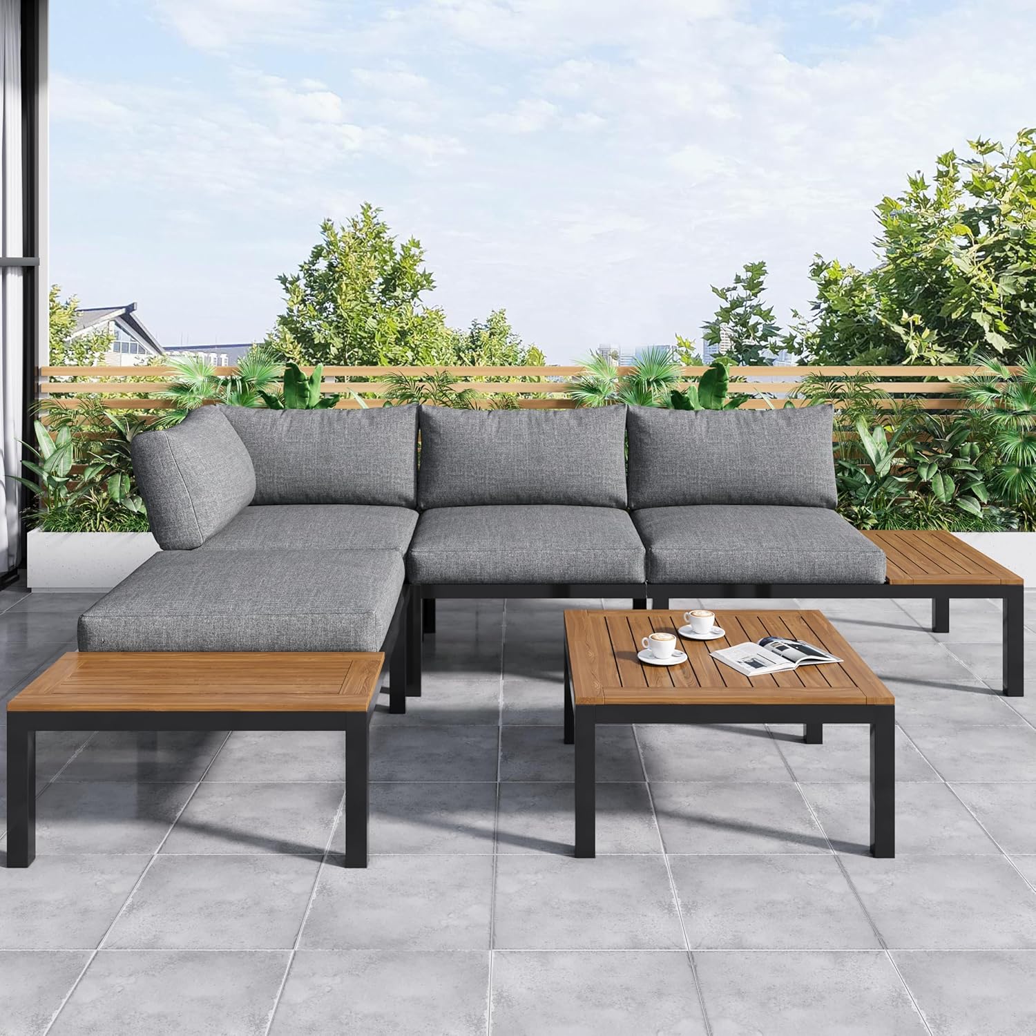 Salon de jardin - canapé 2 places, tables d'appoint, acacia, acier galvanisé, B-gris