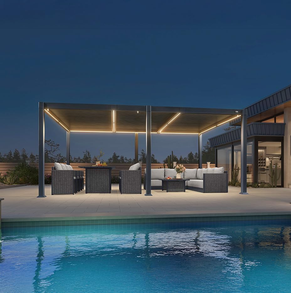 jardinite - Pergola bioclimatique - 3,5x5,5m - alu, lames LED, étanche