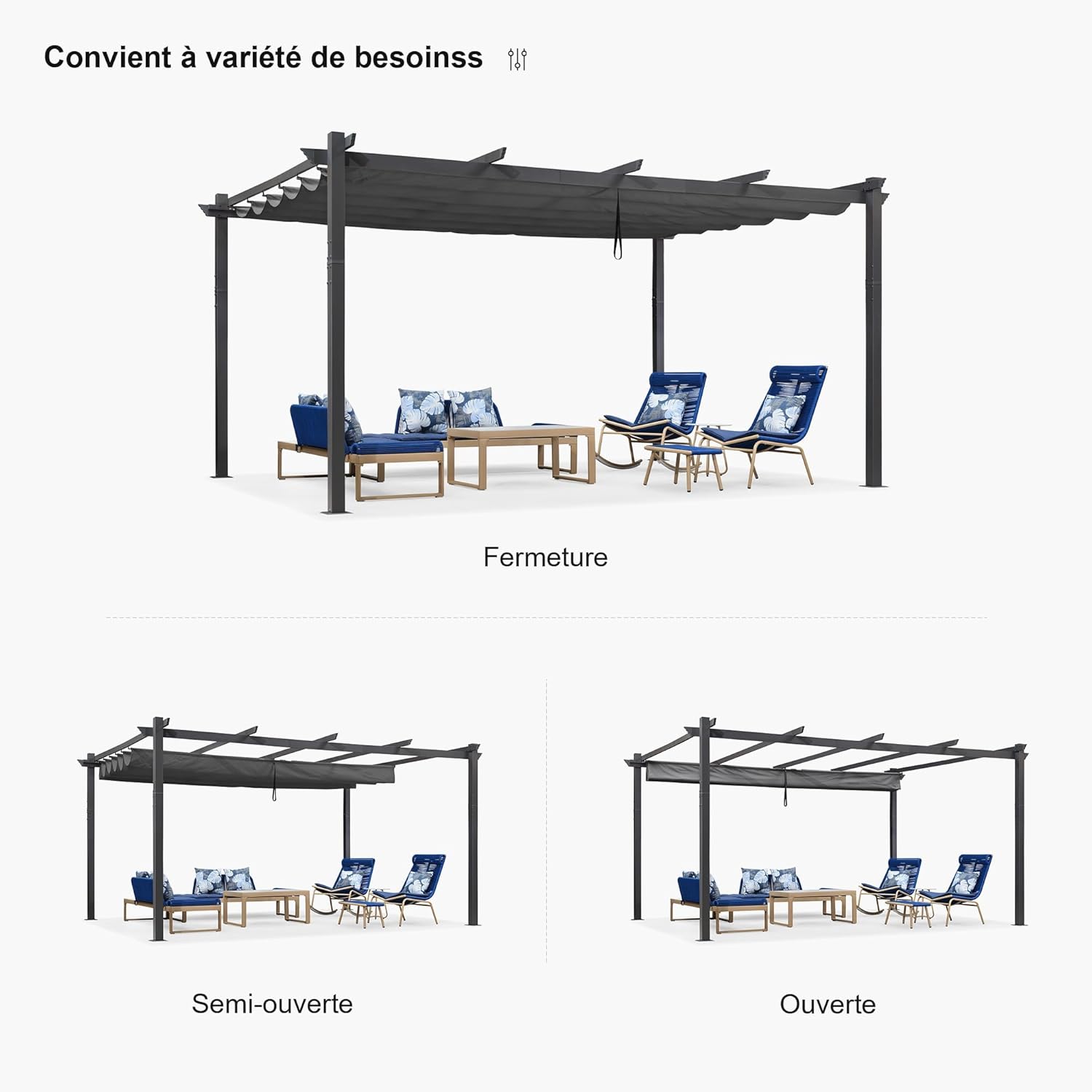 jardinite - pergola aluminium - 4,8x3,5m - LED, toit rétractable, tissu mass teinté, structure résistante