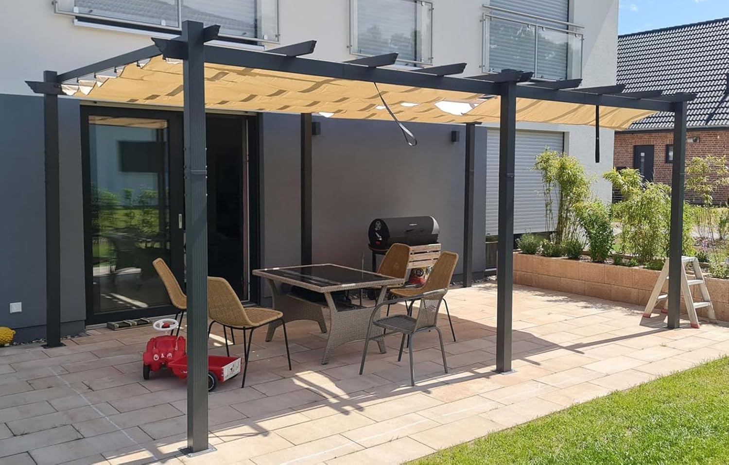 jardinite - Pergola aluminium série - 5,5x3,5m - toit coulissant, tissu teint en fil, kaki