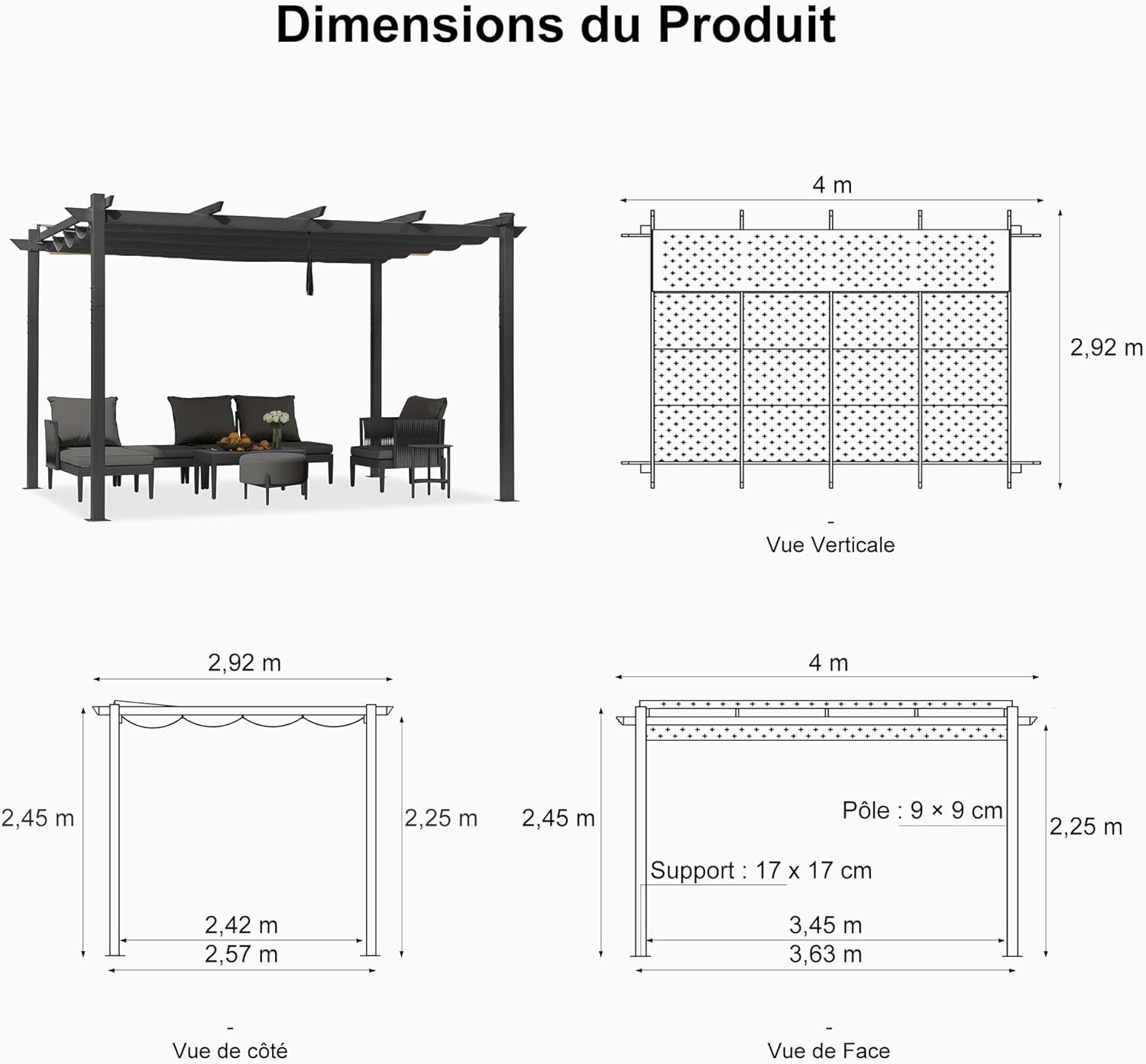 jardinite - Pergola Aluminium - 4x3m - Rideau, toit rétractable, imperméable