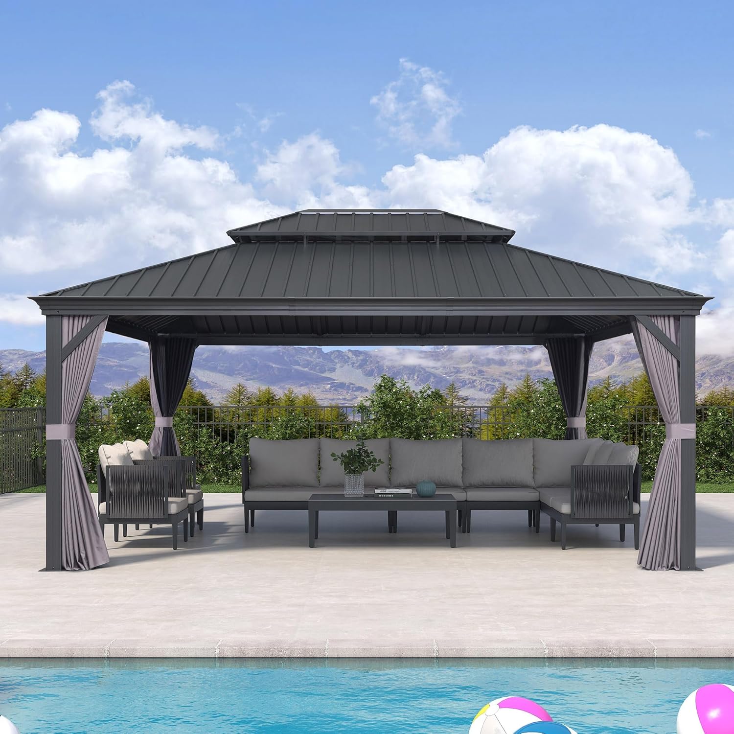 Pergolat double toit 5,2x4m rideaux moustiquaire acier
