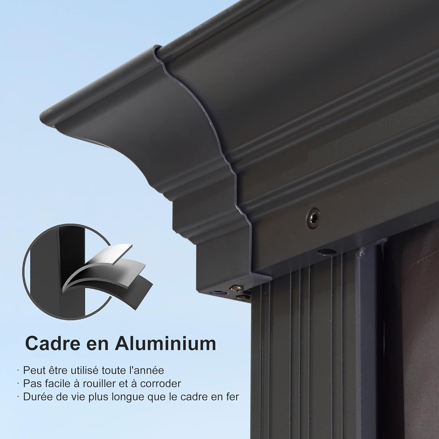 jardinite - tonnelle aluminium - 6x3,65m - LED, rideaux, gouttière, gris