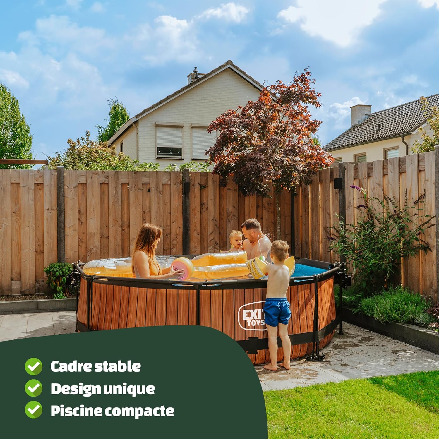 jardinite Piscine Tubulaire Wood - ø300x76cm - Piscine Hors Sol Ronde avec Pompe Filtrante à Cartouche - Entrée Basse - Idéal pour Les Jeunes Enfants - Cadre Stable - Design Unique - Marron