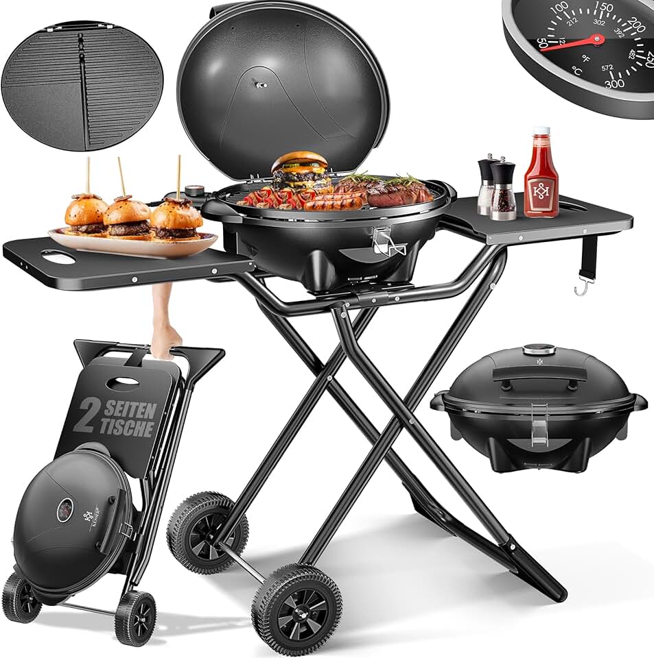 jardinite - Gril électrique pliable, 2400W, couvercle, thermomètre, table