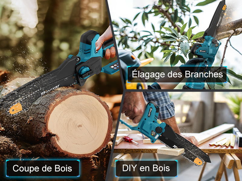 Teal présentée selon trois scénarios d'utilisation : couper un tronc d'arbre, tailler des branches et travailler le bois sur