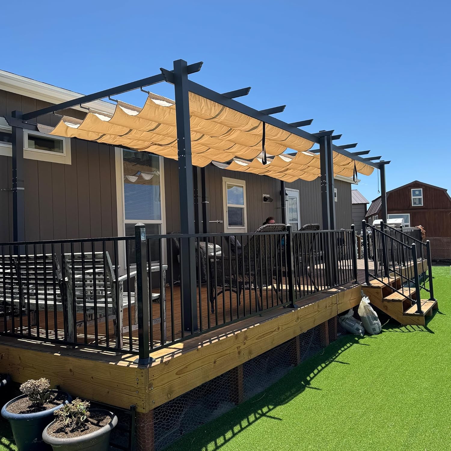 jardinite - Pergola Aluminium - 4x3m - Toit coulissant, tissu kaki
