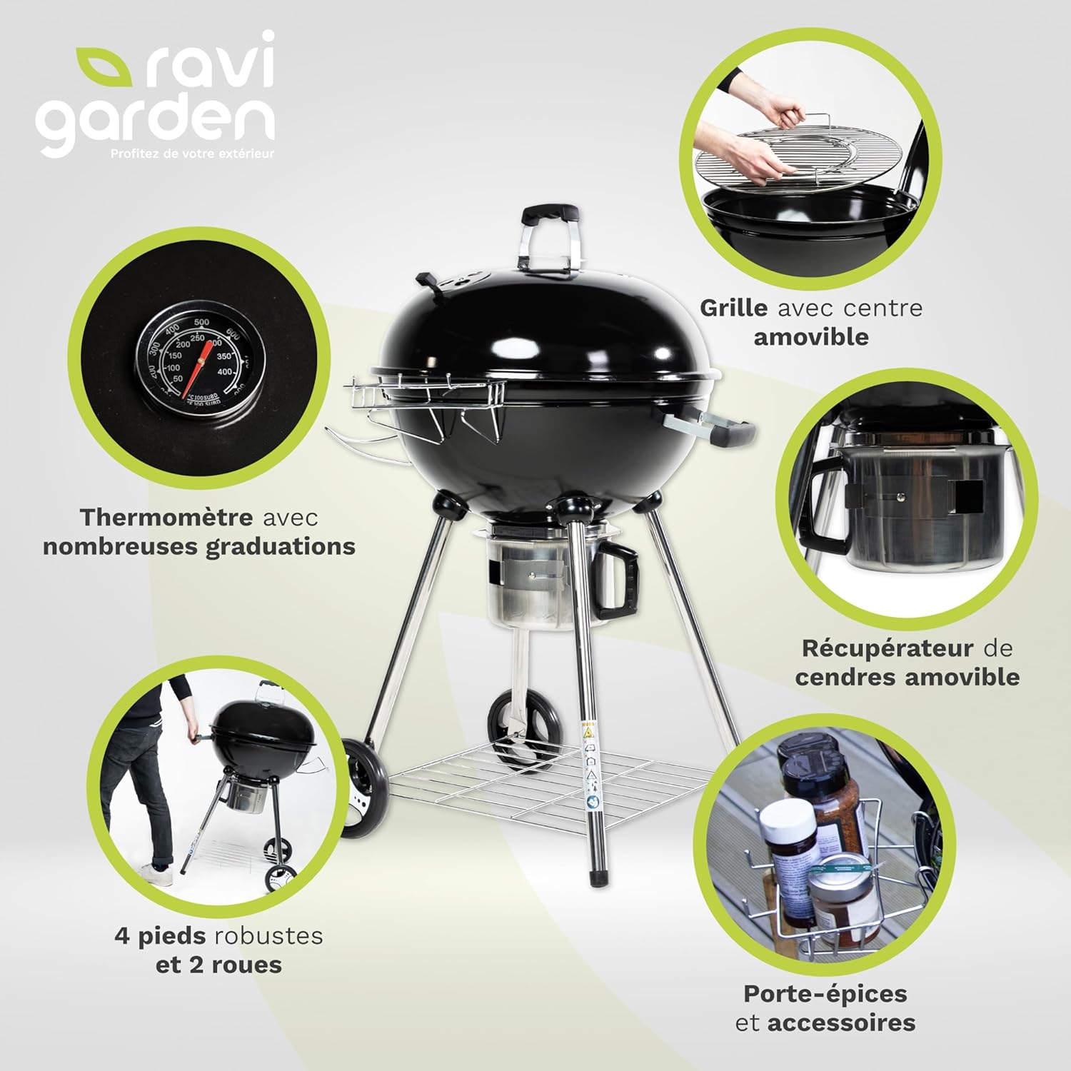 Barbecue charbon de bois - 57 cm - couvercle, boule, cendres, 8-12 pers