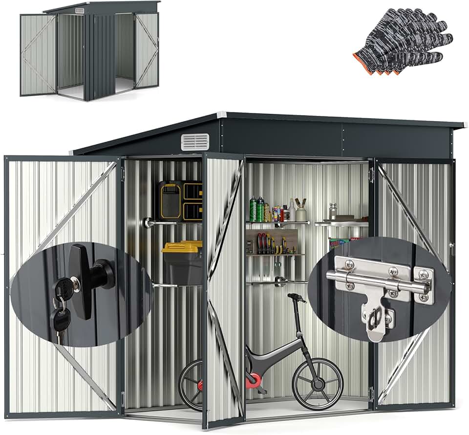 jardinite Abri de Jardin Métal 235X117X185CM avec 2 Portes Verrouillable-Loquets Clés Inclus et Fenêtres, Cabane à Outils Cabanon Résistant aux intempéries pour Poubelles Extérieur (Gris, 5M³)