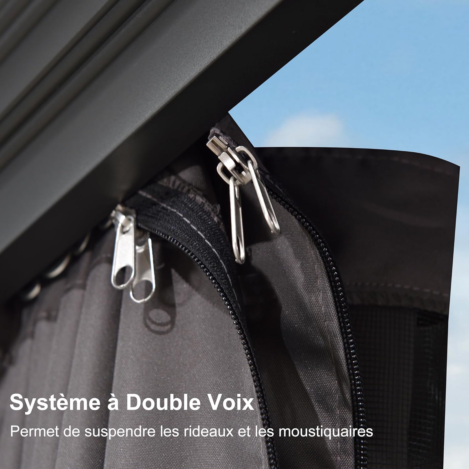 jardinite - tonnelle aluminium série - 4,85x3,65m - éclairage intégré, rideaux moustiquaires, gouttière, gris