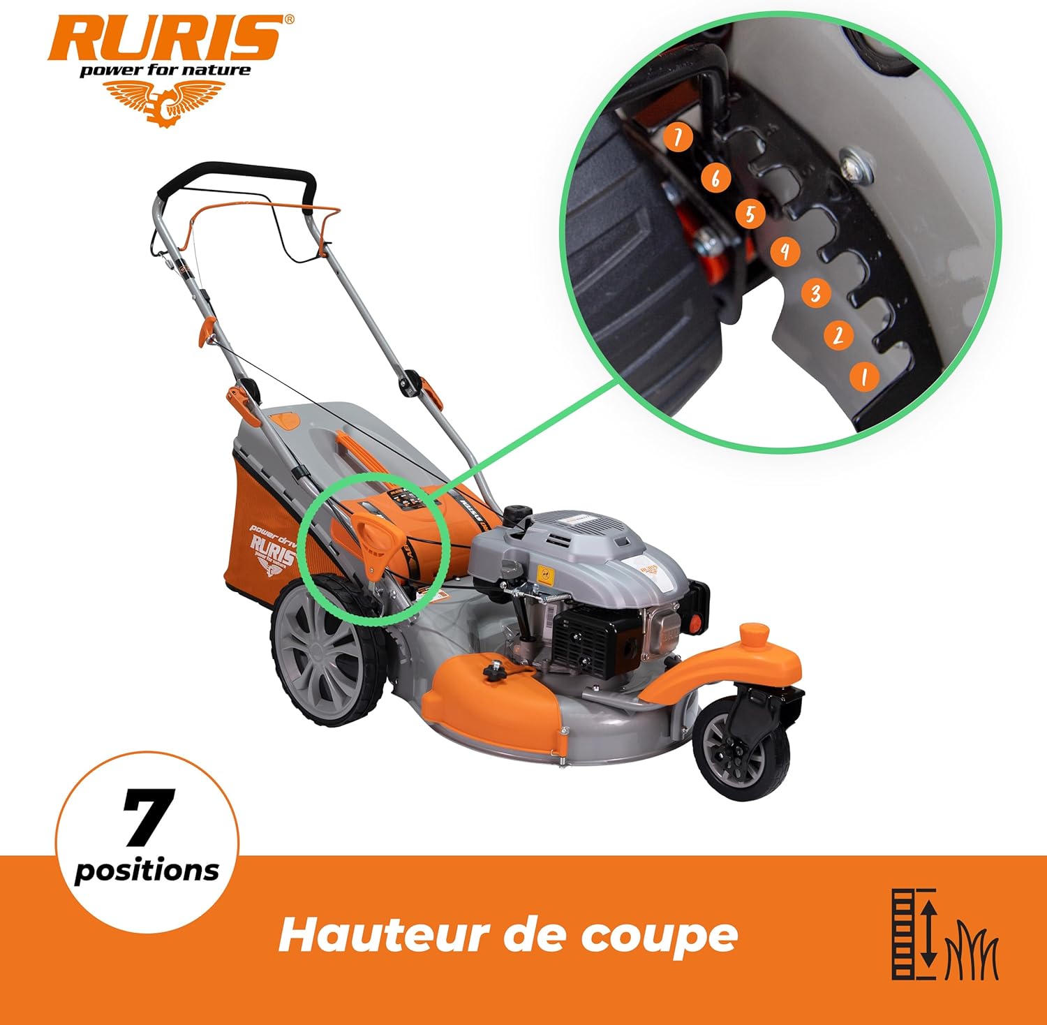 RURIS - tondeuse à gazon série RXM - 510mm, 4,5CV, sac 65L, propulsion automatique, RXM777