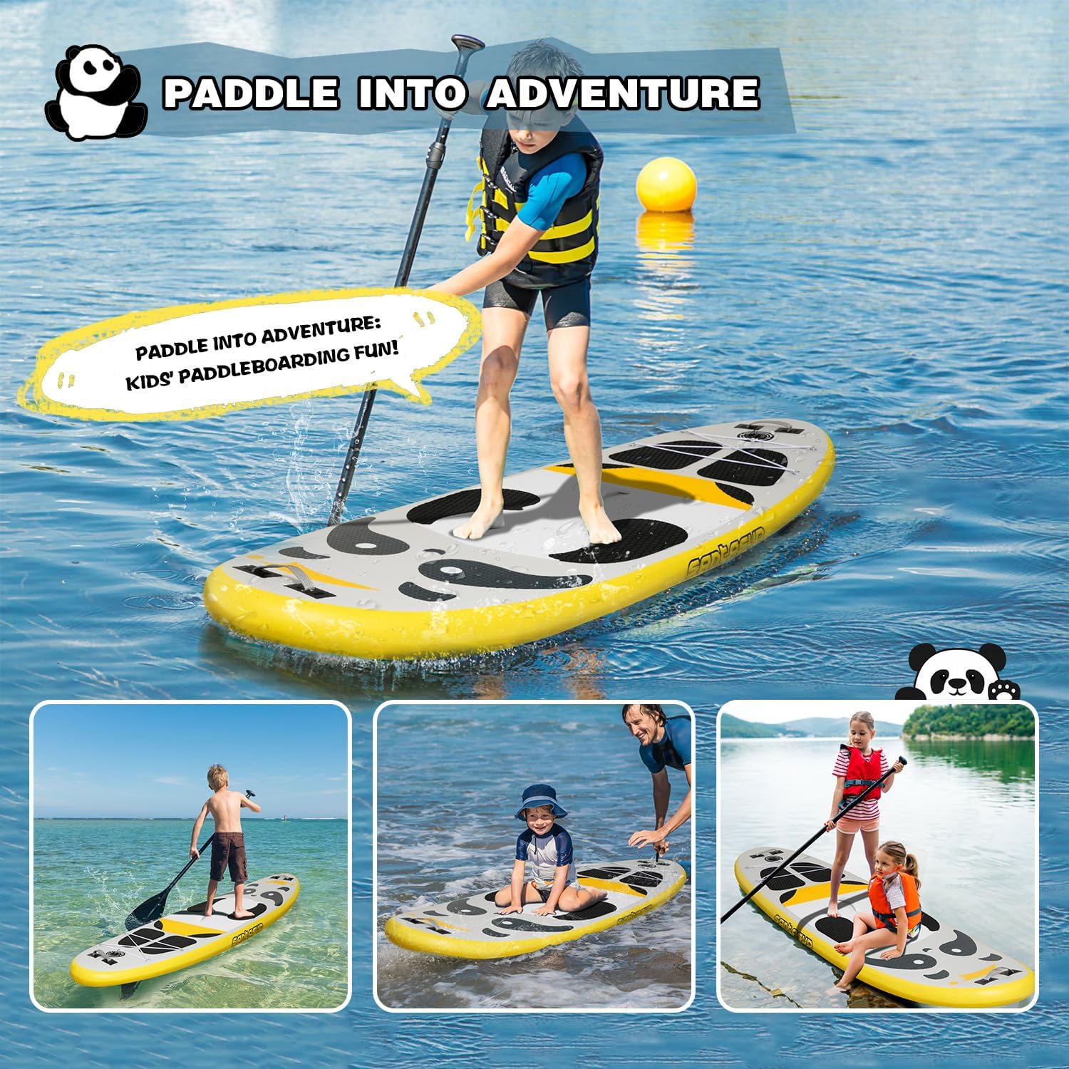Planche à pagaie gonflable enfant - Panda Bleu - 2,4 m - stable, pont large, pompe manuelle