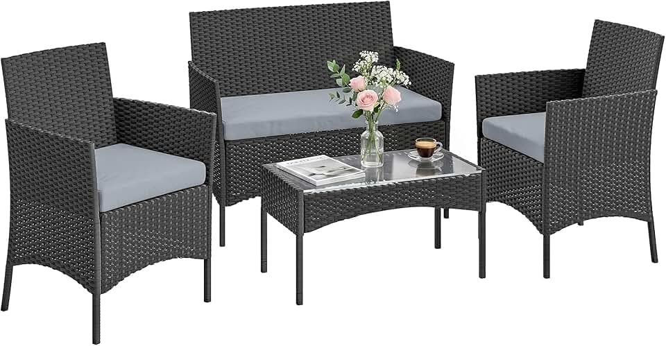 jardinite - Salon de Jardin 4 pers - résine tressée, coussins, table verre, gris