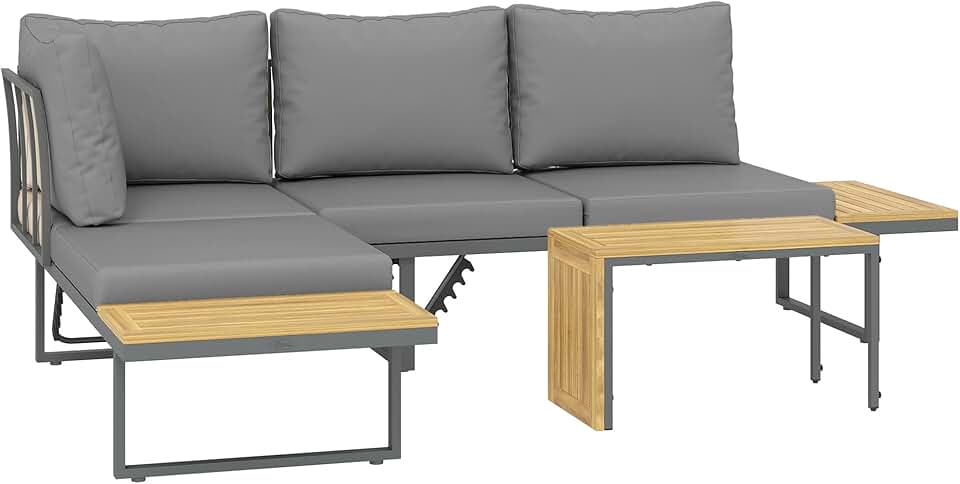 jardinite - salon de jardin bois acacia 6 places modulable - coussins, dossier ajustable, gris